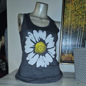 Instant Message Charcoal Daisy Print Razer Back Tank Top
